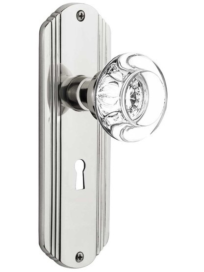 Streamline Moderne Mortise Lock Set with Round Crystal Glass Knobs with Keyhole in Polished Chrome.